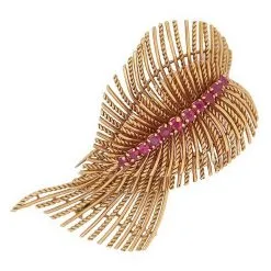 Autres Bijoux Autre Marque VINTAGE BROCHE EPINGLE FEUILLE TORSADEE OR JAUNE 18K 13GR SERTIE 11 RUBIS BROOCH Doré