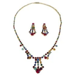 Vintage Parure Art Déco - Collier Et Boucles D'oreilles Clips. Les Strass Multicolores Sont Sertis Dans Un Cadre Doré.