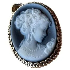 Autre Marque Pendentif En Argent Massif Et Agate Bleue Avec Magnifique Camée ANCIEN Bleu Marine