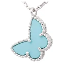 Van Cleef & Arpels Pendentif Papillon Turquoise Sweet Alhambra, 18K Or Blanc Bleu